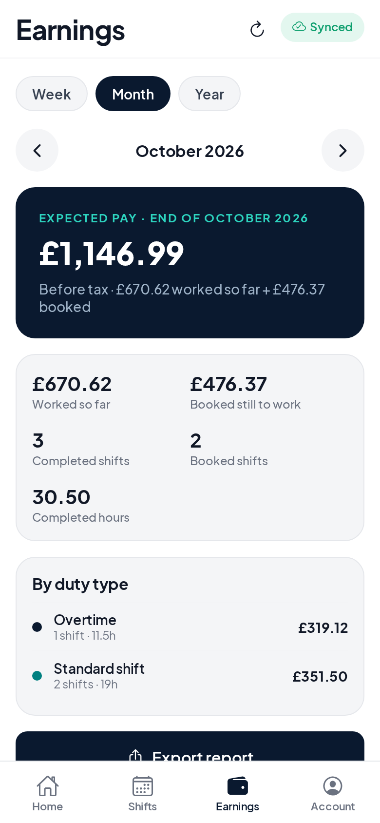 AfikShift earnings dashboard with expected pay