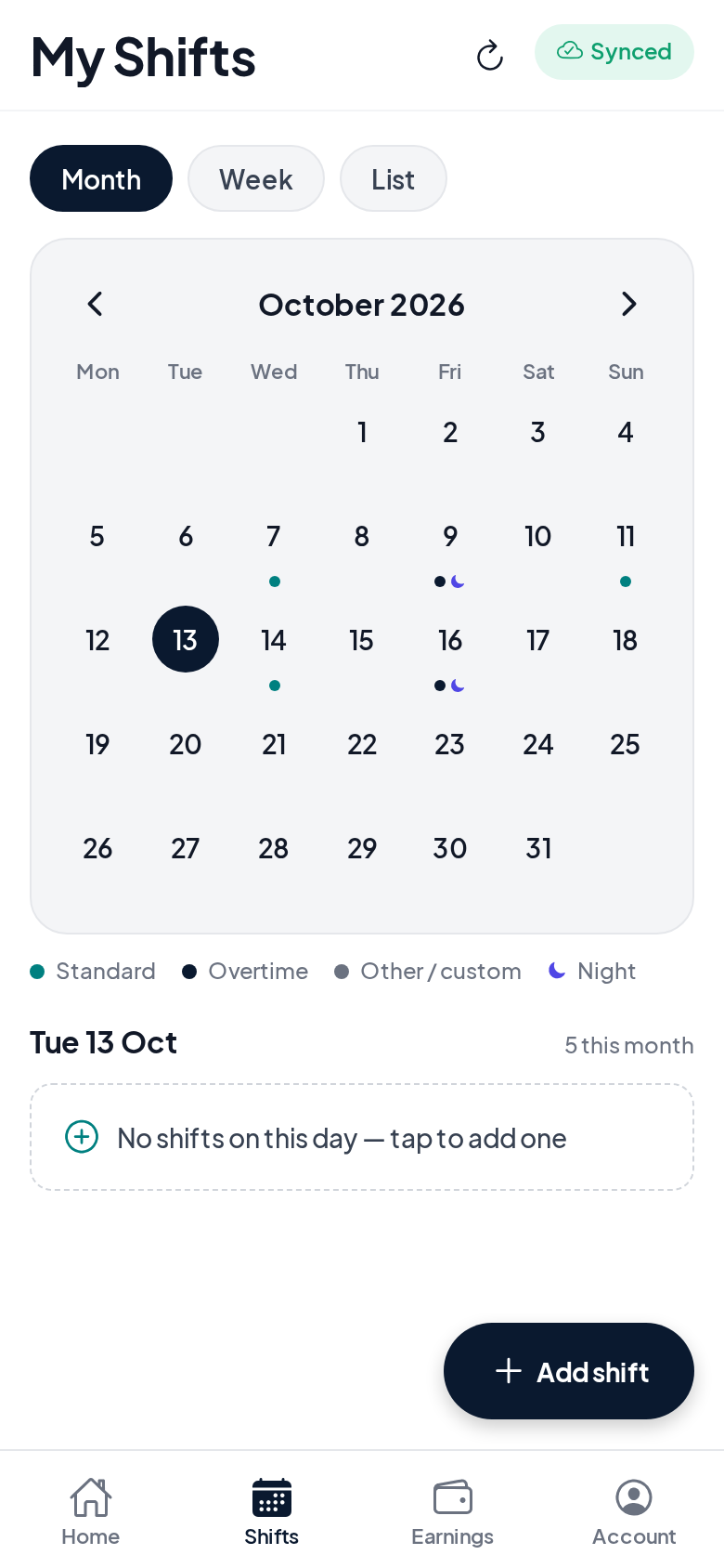 AfikShift shift calendar in month view